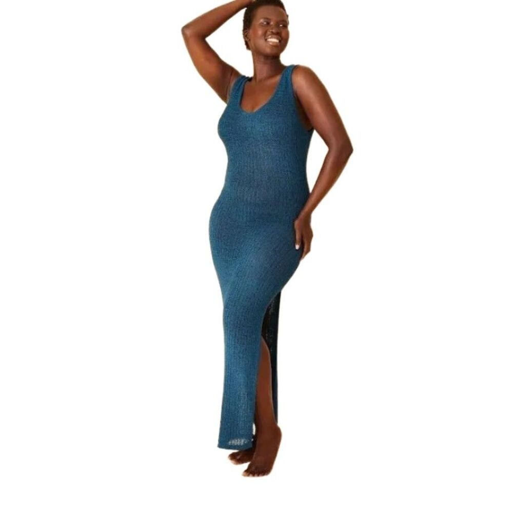 Shade & Shore Crochet Knit Dress Womens M Teal Midi Boho Beach Swim Cover New